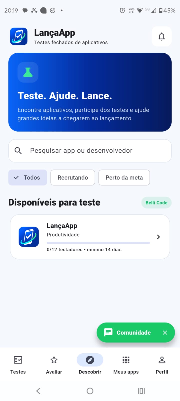 Tela Descobrir do LançaApp